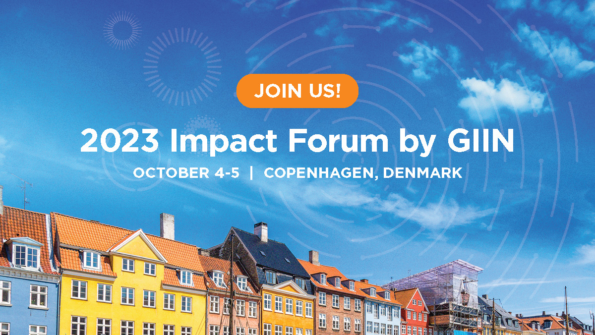 Cityscape of Copenhagen overlaid with text saying Join Us 2023 Impact Forum By Gin