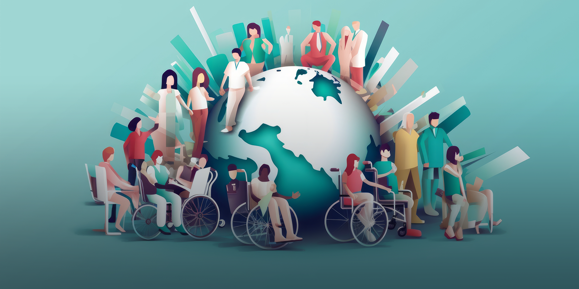 Illustration of an globe on teal background with diverse people around it.
