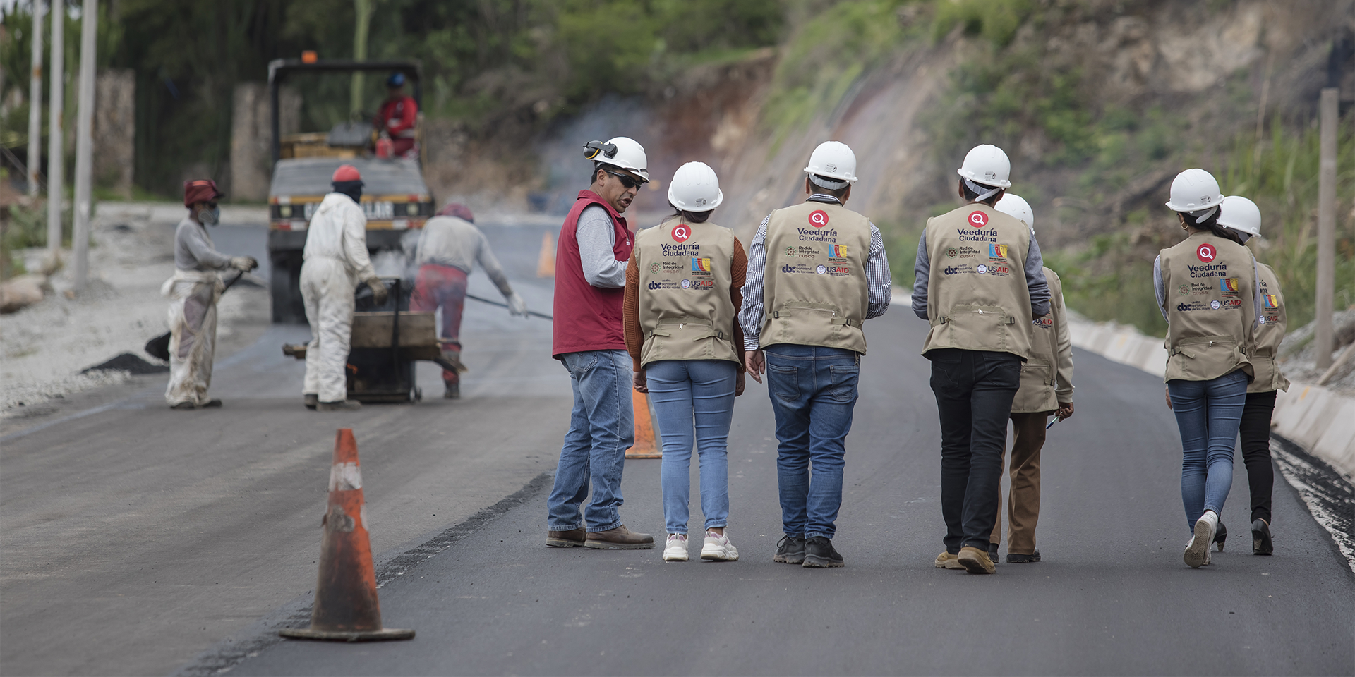 7 people walk up a road with their backs to us in construction helmets.