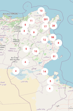 A map of Tunisia showing the number of requests for equity investments made by MSMEs on the platform in each region.