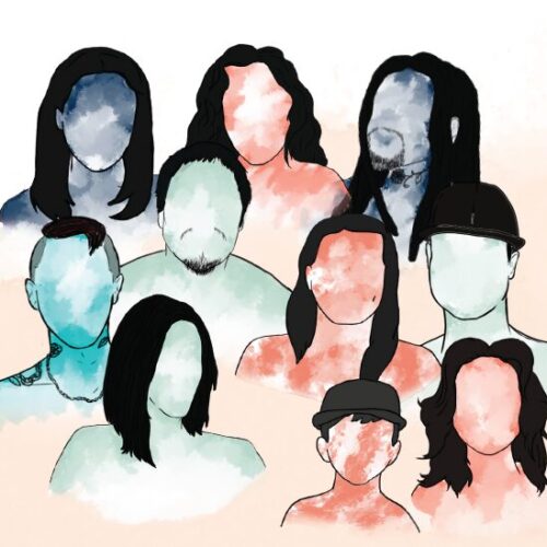 Watercolor painting of a group of faceless people, with orange, green, and blue backgrounds and black hair.