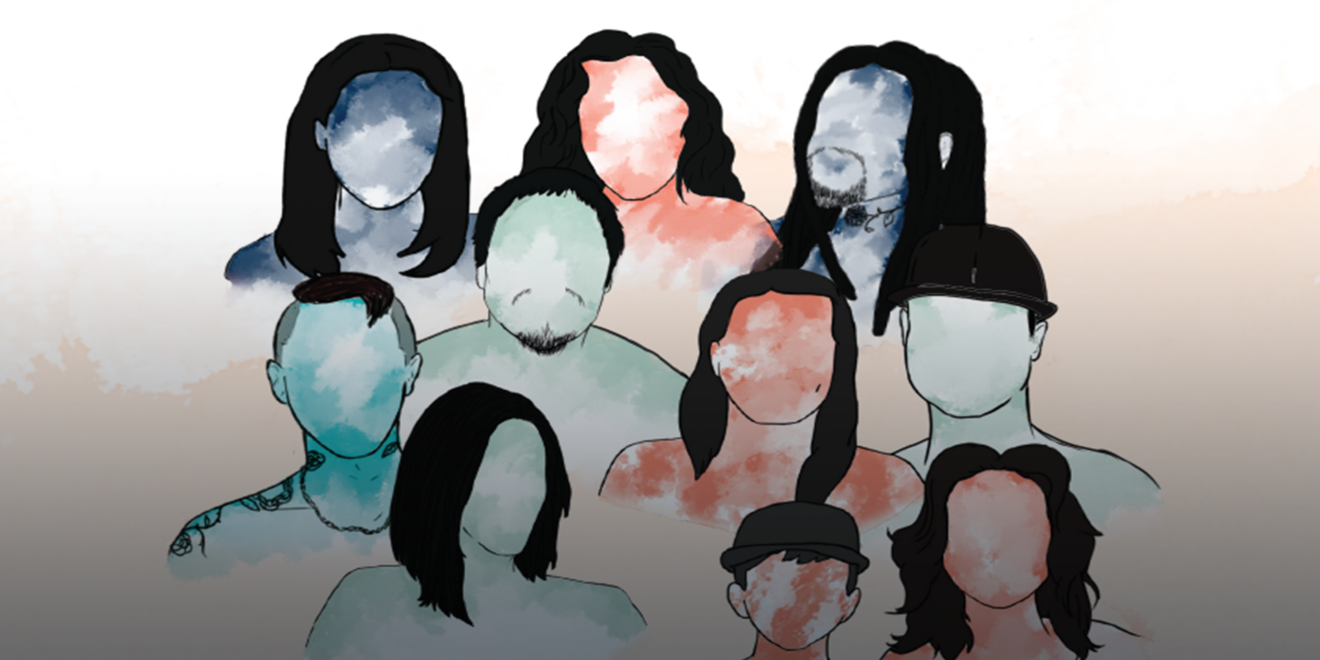 Watercolor painting of a group of faceless people, with orange, green, and blue backgrounds and black hair.