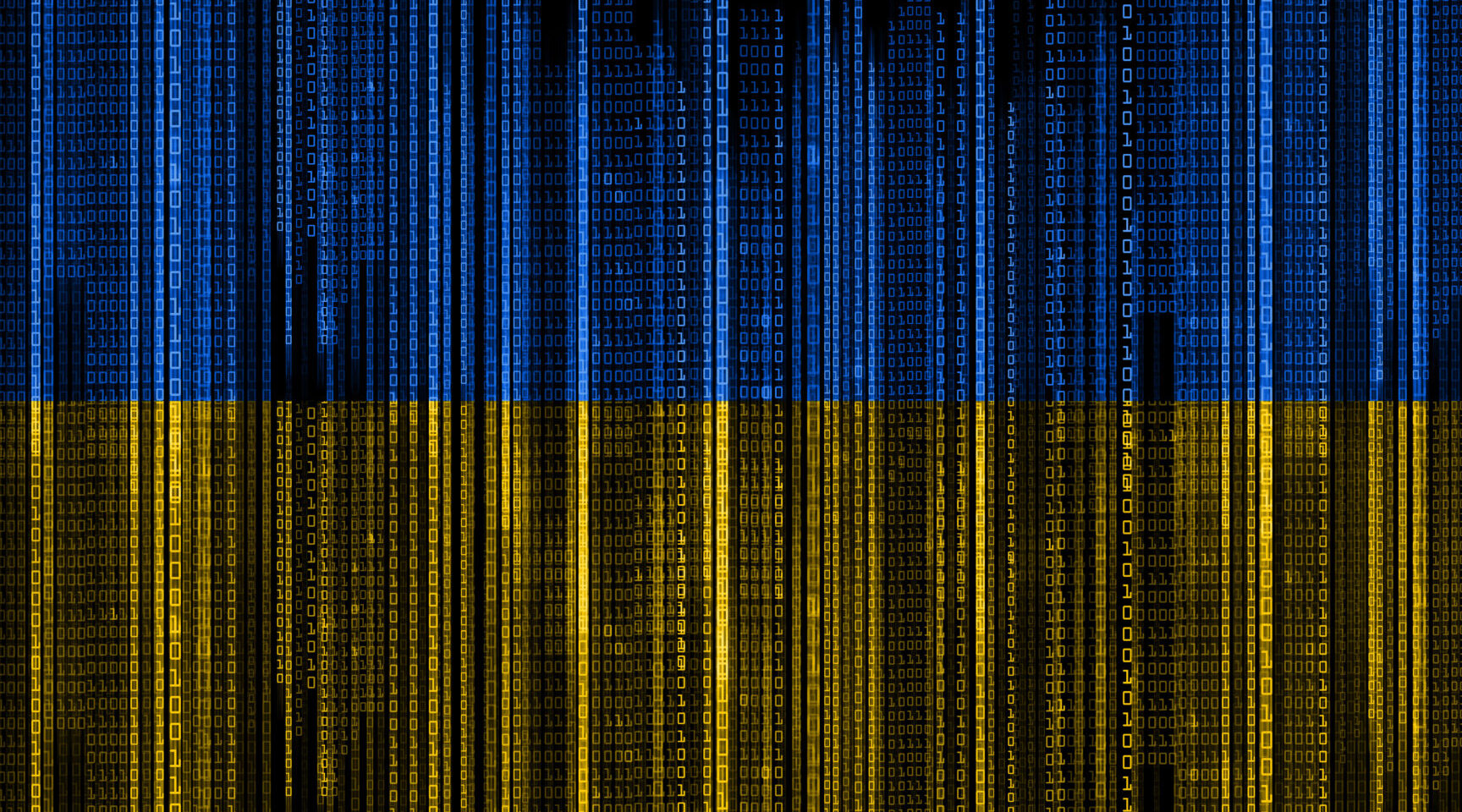 A flag of Ukraine made out of blue and yellow lines of binary code.