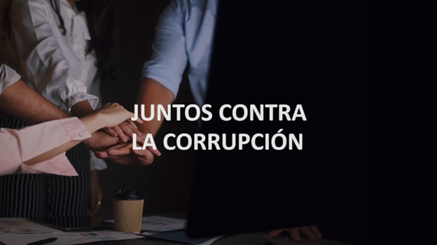 Hands together over a coffee cup. Title reads Juntos Contra La Corrupcion